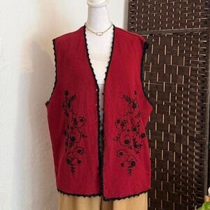 KORET Vintage Floral Embroidered Red Vest Women's Granny Core Size 1XL